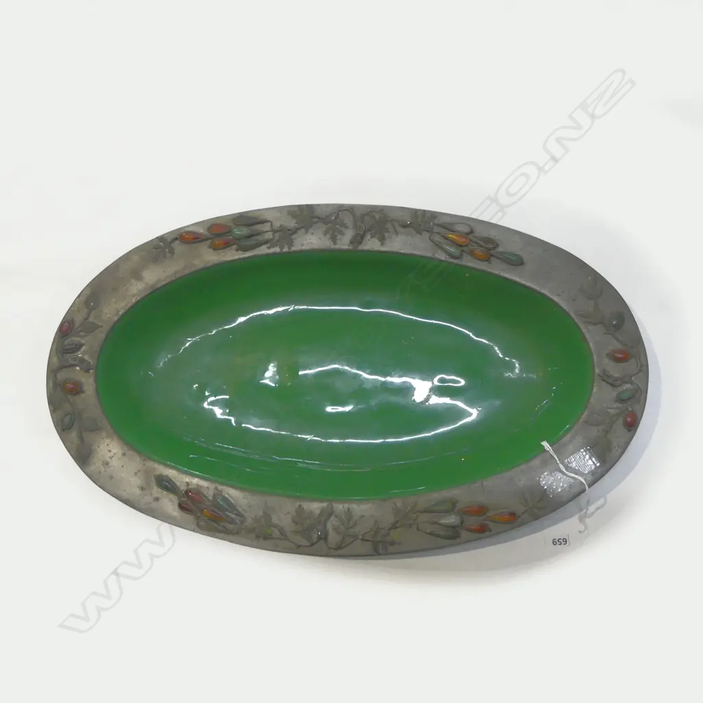 ART NOUVEAU GREEN GLASS & PEWTER PLATTER W.515mm Image 1++