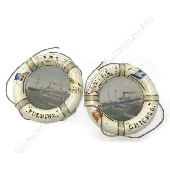 TWO OLD MINIATURE LIFE RINGS WITH HANDPAINTED INSERTS 'RUAHINE' AND 'CHICAGO' Dia 230mm