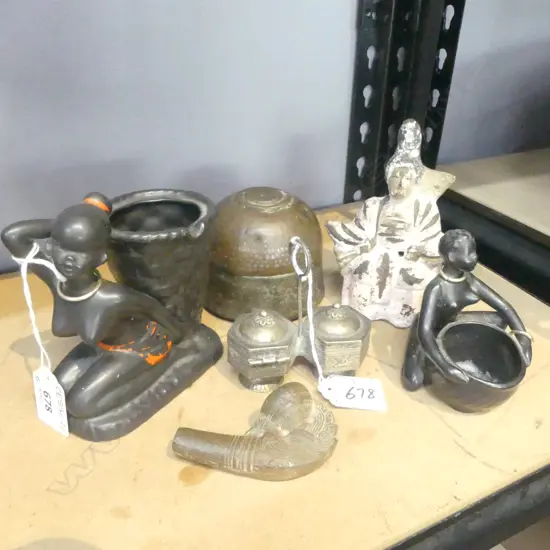 EARLY PIPE, 2 BLACK FIGURES, ORIENTAL FIGURE + 2 OTHERS 