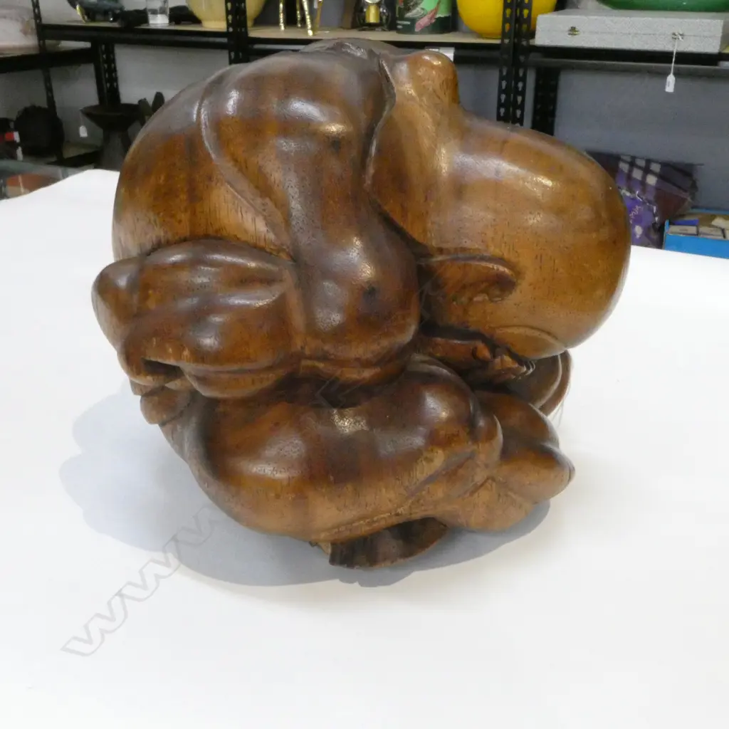 LARGE BUDDHIST CARVED HARDWOOD 'WEEPING BUDDHA' SCULPTURE on HARDWOOD CARVED BASE. H.195mm Image 1++