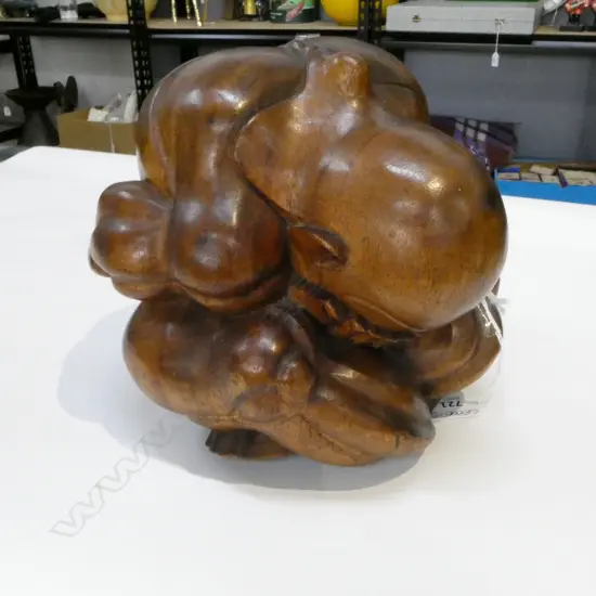 LARGE BUDDHIST CARVED HARDWOOD 'WEEPING BUDDHA' SCULPTURE on HARDWOOD CARVED BASE. H.195mm