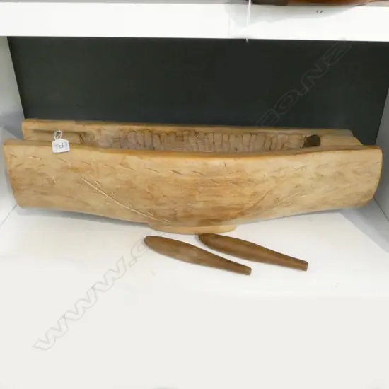 PACIFIC ISLAND DRUM with carved detail & 2 beaters L.620mm carved from 1 pce