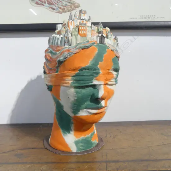 JOSHUA SANDS ART BUST w MINIATURE CITYSCAPE ATOP THE HEAD, THIS WORK WON THE TSB EMERGENCE ART AWARD 2018 H.300MM 