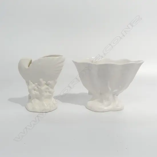 2 SML MANTLE VASES; CROWN LYNN & TITIAN SHELL VASE, H.100 & 110MM