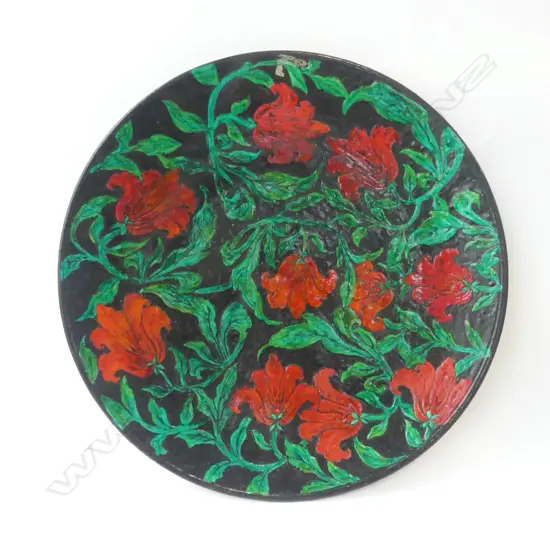 KEUM SUN LEE, X LRG PLATTER, RED FLOWERS, DIA.500mm (sml damaged to unglazed surface)