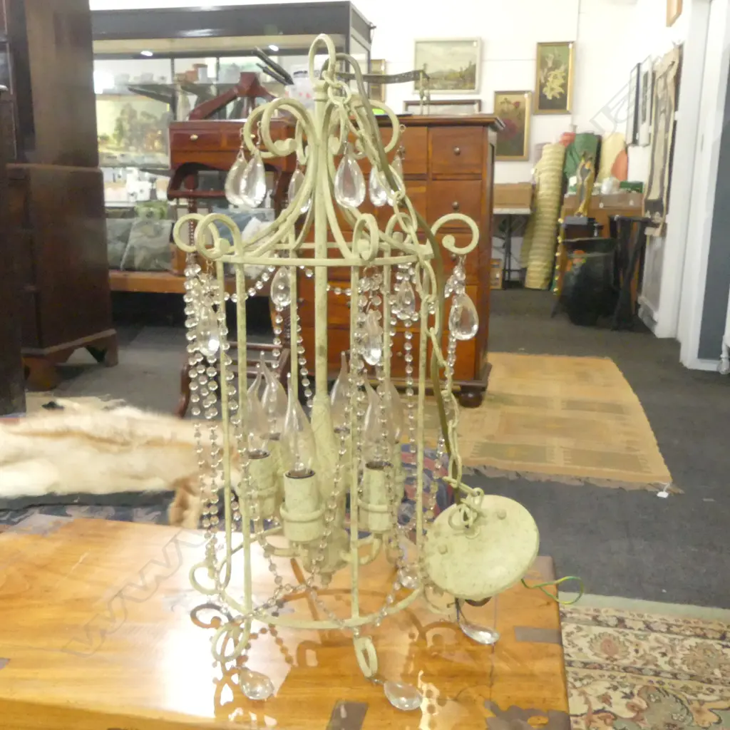 HANGING METAL PAINTED 6 LIGHT HANGING LIGHT FITTING highlighted with glass swags & drops H.585mm Image 1++