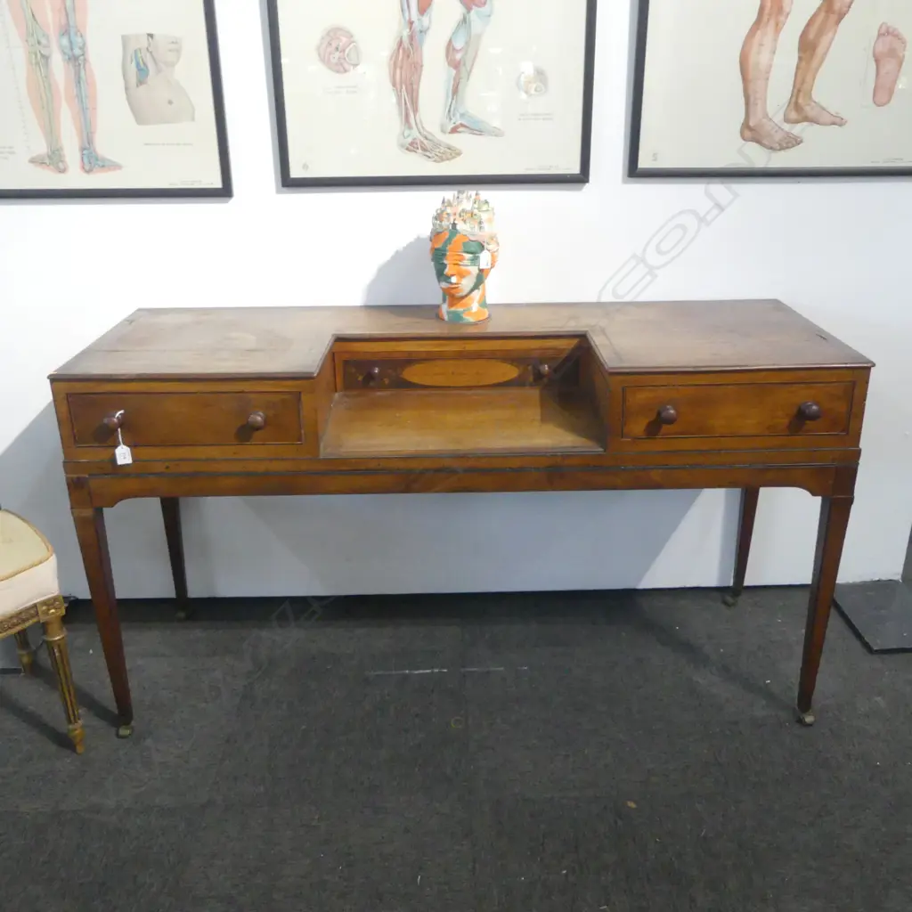 ANTIQUE INLAID DESK 'SCHOENE & CO, SUCCESSORS TO JOHANNES LUMPE LONDINI FECERUNT 1972' on castors  Image 1++