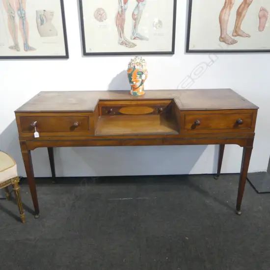 ANTIQUE INLAID DESK 'SCHOENE & CO, SUCCESSORS TO JOHANNES LUMPE LONDINI FECERUNT 1972' on castors 