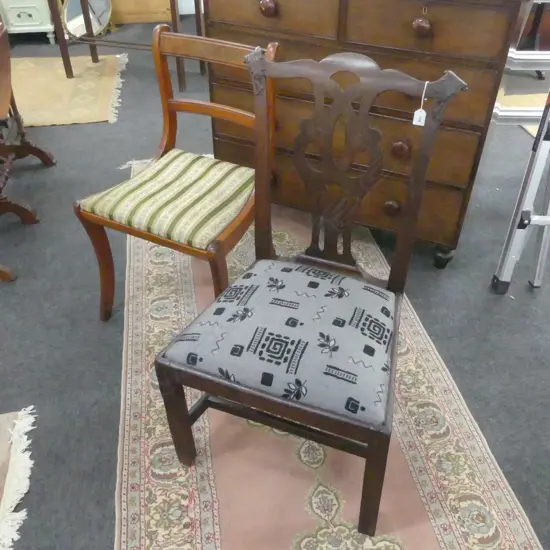 MAHOGANNY CHIPPENDALE STYLE CHAIR & INLAID REGENCY CHAIR (FAULTS)