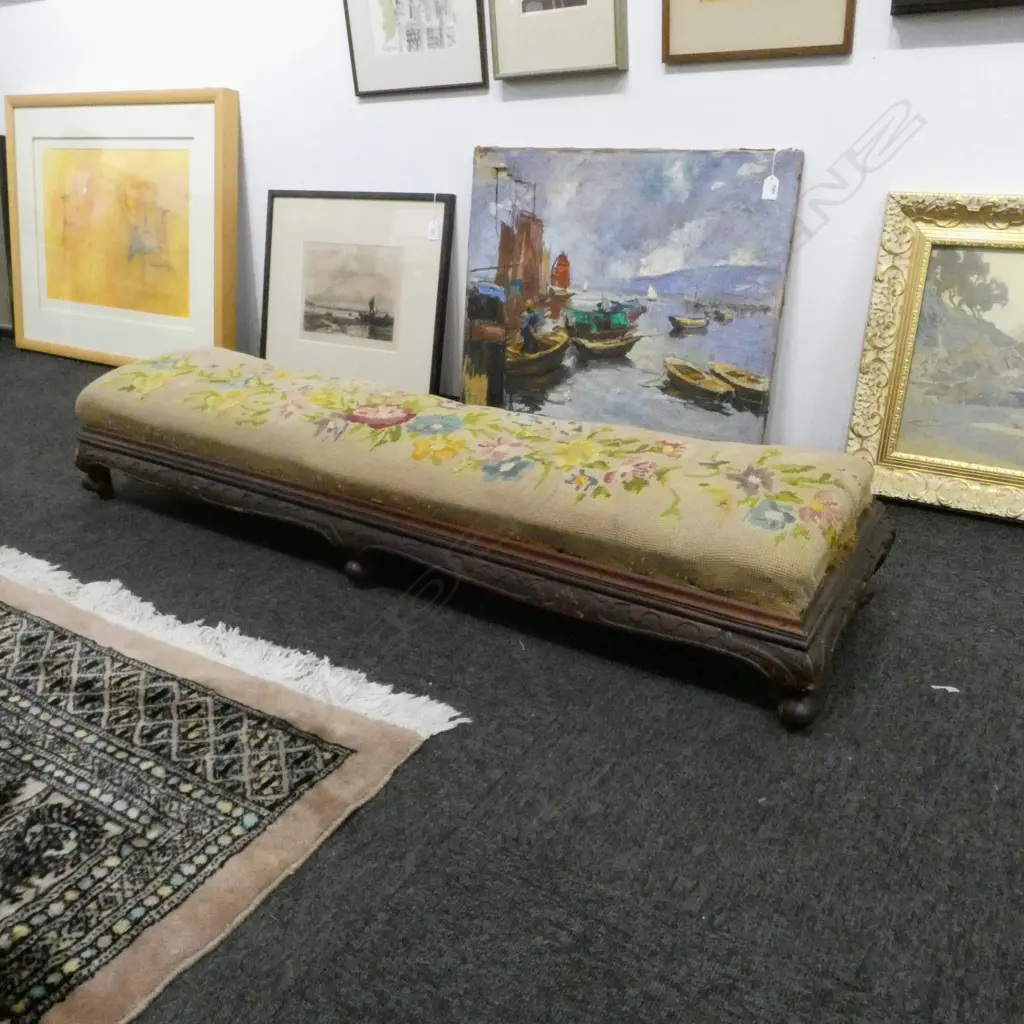 TAPESTRY TOP FOOT STOOL W.1200mm some borer damage Image 1++