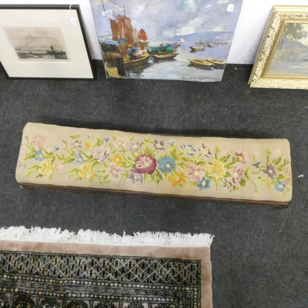 TAPESTRY TOP FOOT STOOL W.1200mm some borer damage Image 1++