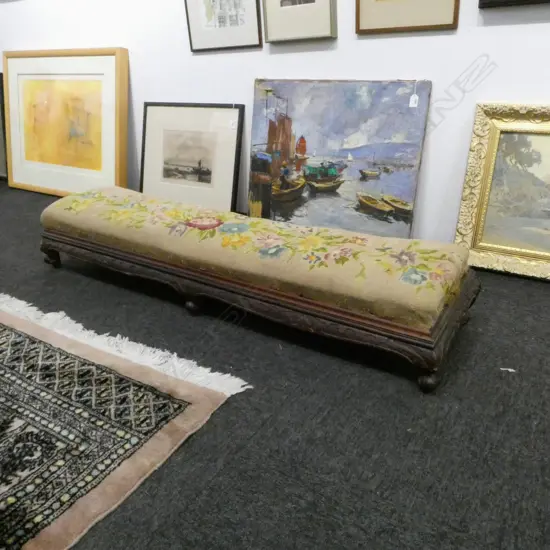 TAPESTRY TOP FOOT STOOL W.1200mm some borer damage