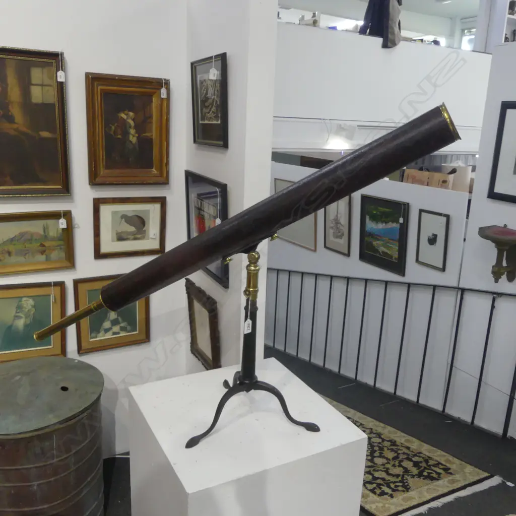 WEBSTER BROS OPTICIANS TELESCOPE; LEATHER BOUND BRASS BODY WITH TRIPOD IN ORIGINAL BOX L.1110mm Image 1++