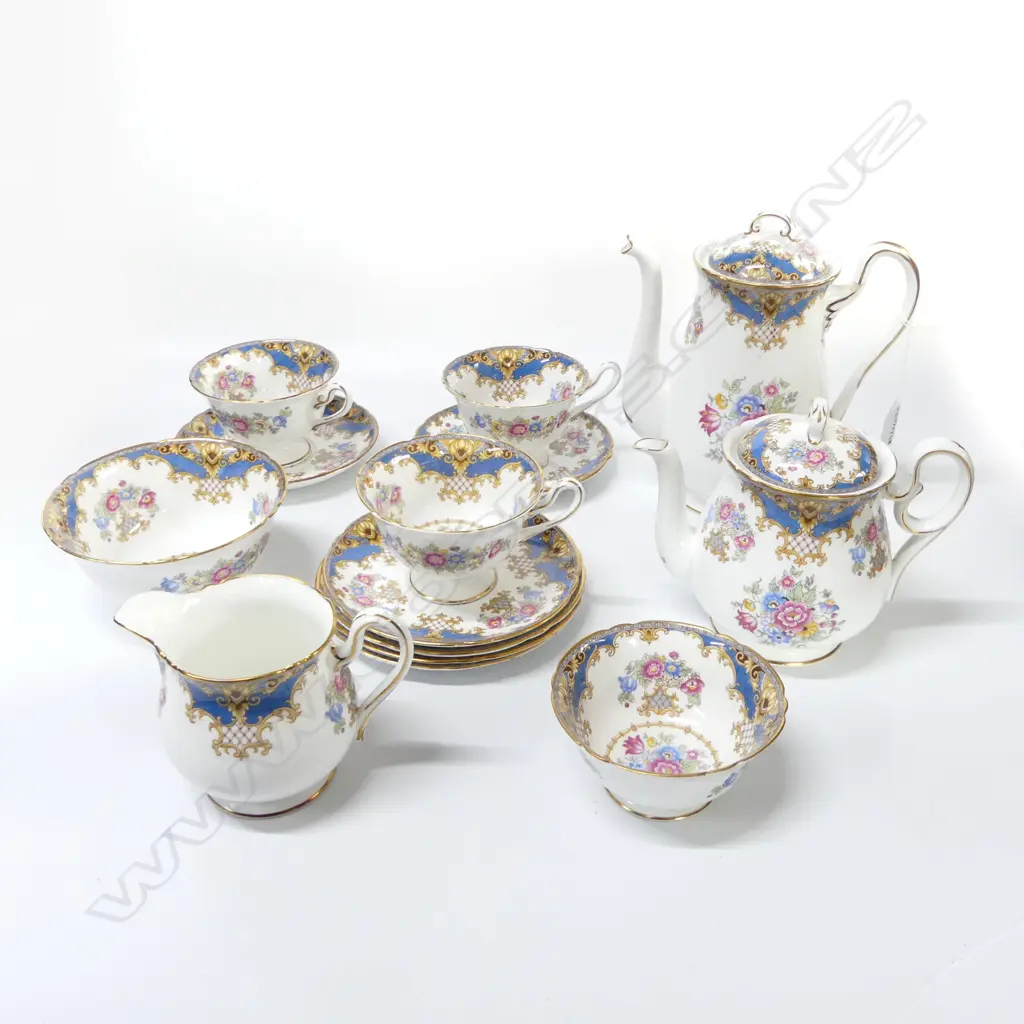 SHELLEY CHINA COFFEE POT (AF) TEAPOT C/SUGAR 3 CSPS 1 EXTRA CUP SHERTON PAT Image 1++