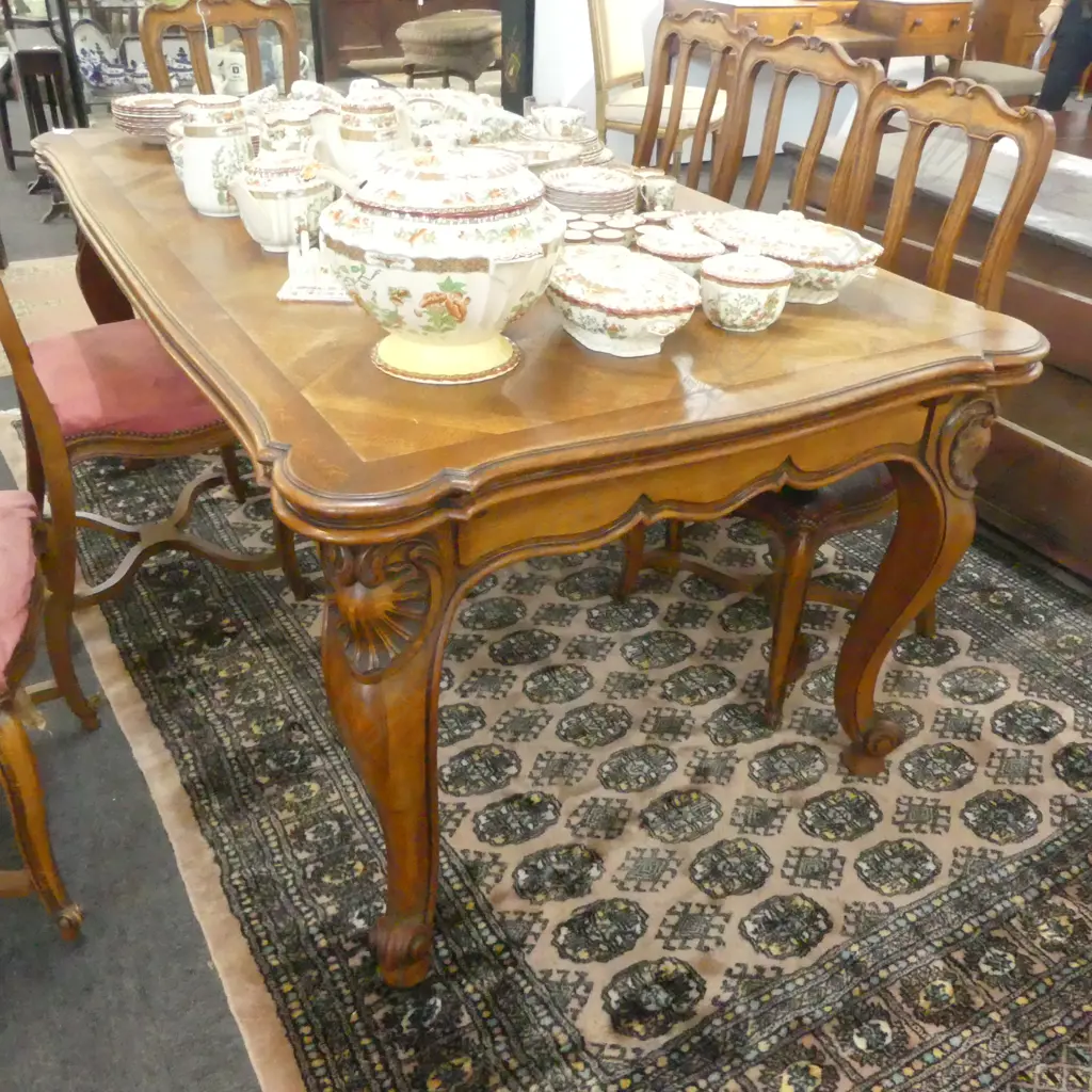 FRENCH CARVED EXTENSION DINING TABLE WITH PAQUETRY INLAID TOP 1820x1040x770mm Image 1++