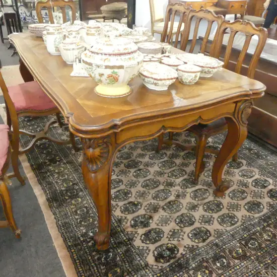 FRENCH CARVED EXTENSION DINING TABLE WITH PAQUETRY INLAID TOP 1820x1040x770mm