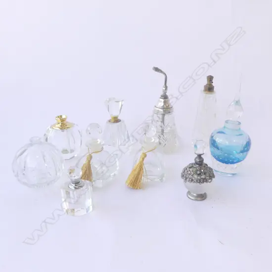 10 PERFUME BOTTLES; 1 w. STG SILVER TOP H.165mm