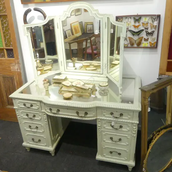 LIGHT GREEN PAINTED MIRROR TOPPED DRESSING TABLE with LIGHT GREEN triptych folding mirror FAULTS TO ONE LEG