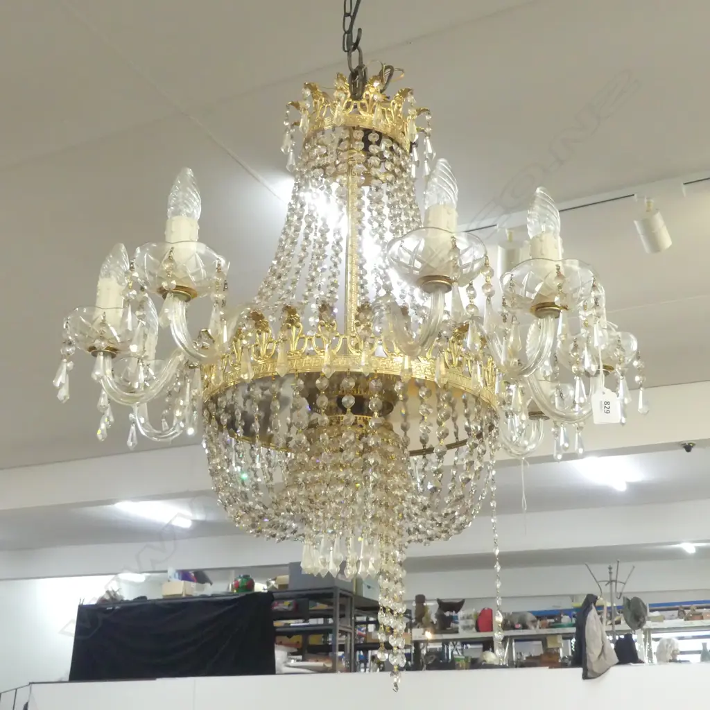 CRYSTAL & GILT METAL 9 SCROLLING BRANCH CHANDELIER multiple swags of drops Dia.700mm Image 1++