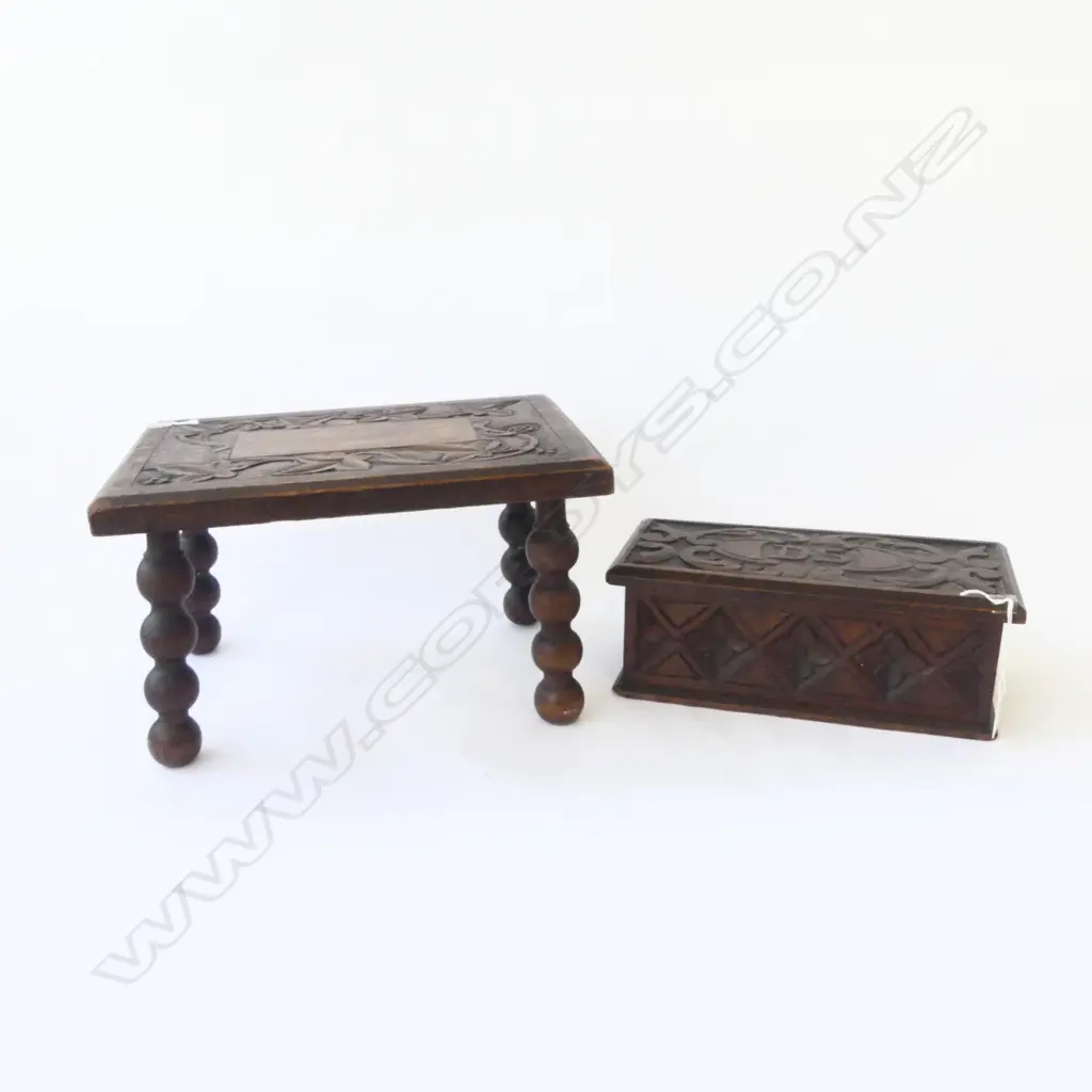 CARVED ANTIQUE WOOD DEED BOX & STOOL Image 1++