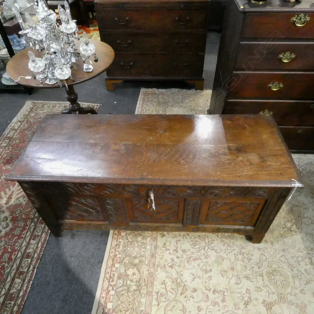 ANTIQUE GEORGE III CARVED OAK COFFER with key 1400x550mm Image 1++