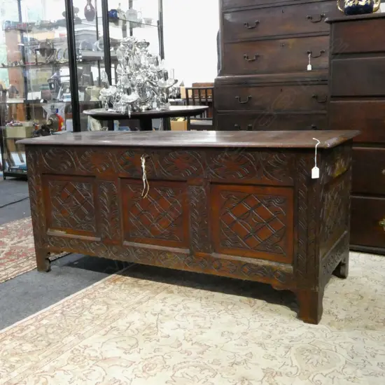 ANTIQUE GEORGE III CARVED OAK COFFER with key 1400x550mm