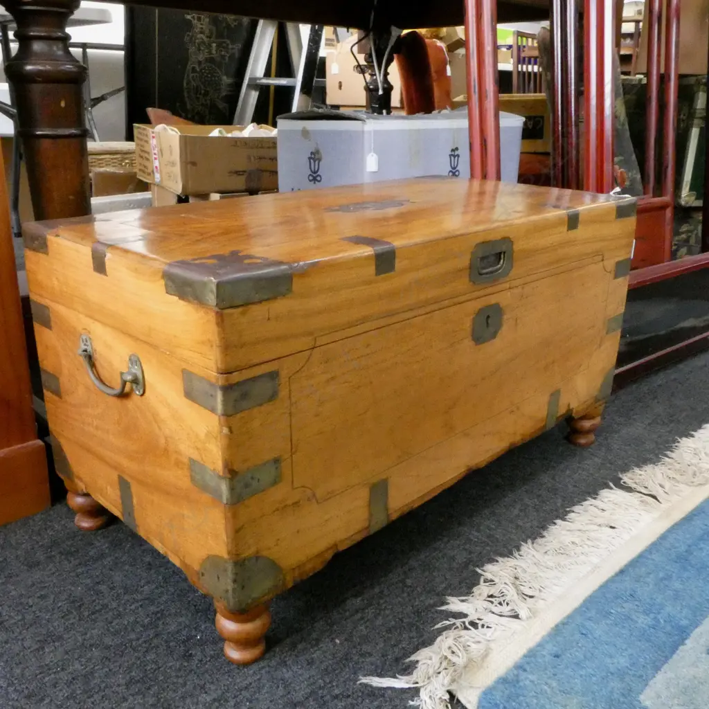 OLD CAMPAIGN STYLE BRASS BOUND CAMPHORWOOD CHEST ON BUN FEET 730x380x390mm Image 1++