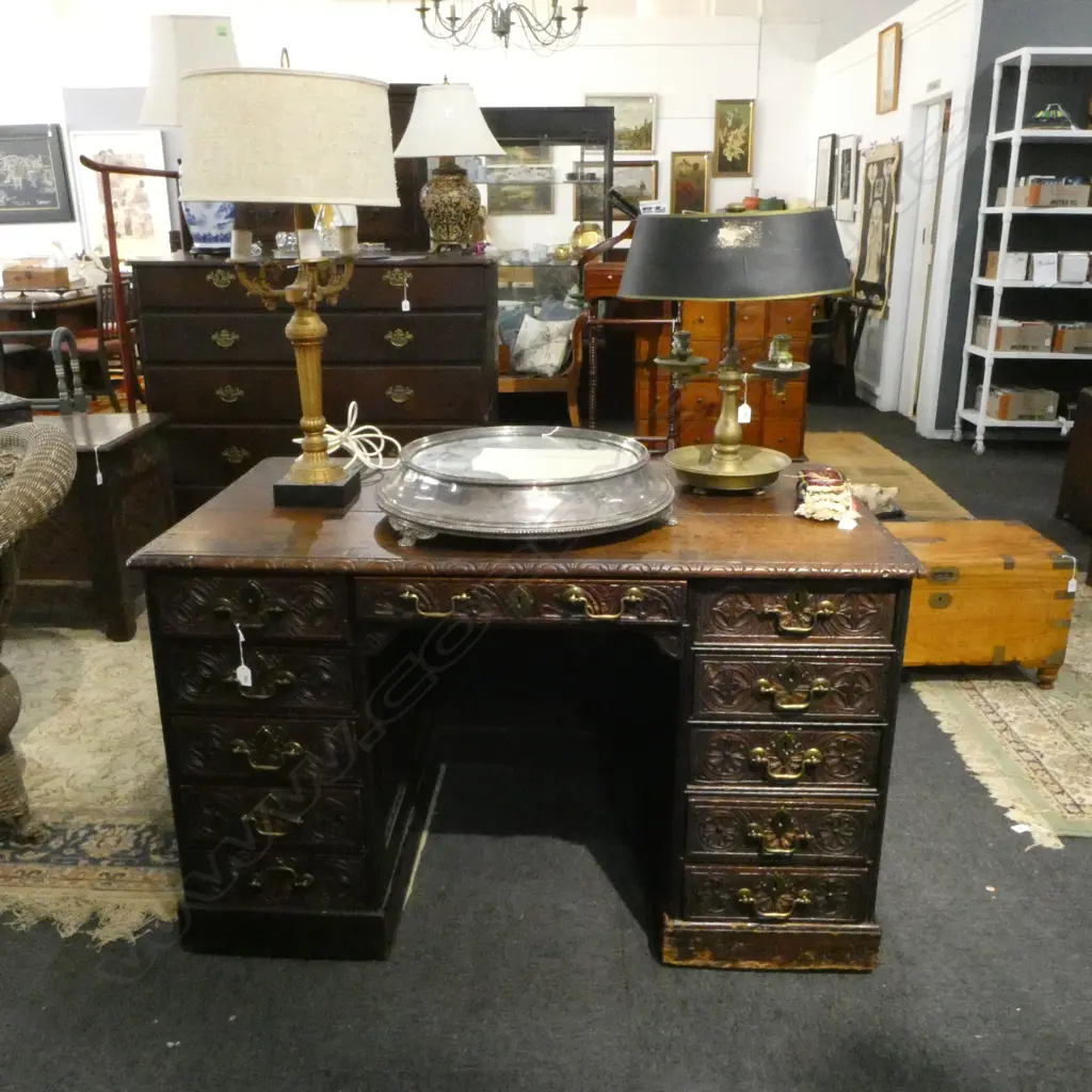 19thC OAK CARVED PEDESTAL DESK 1260 X 740 X 750mm Image 1++