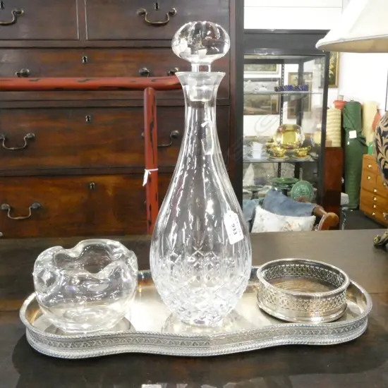 EP GALLERY TRAY L420MM CRYSTAL DECANTER H360MM GLASS ASHTRAY & EP DRINKS COASTER