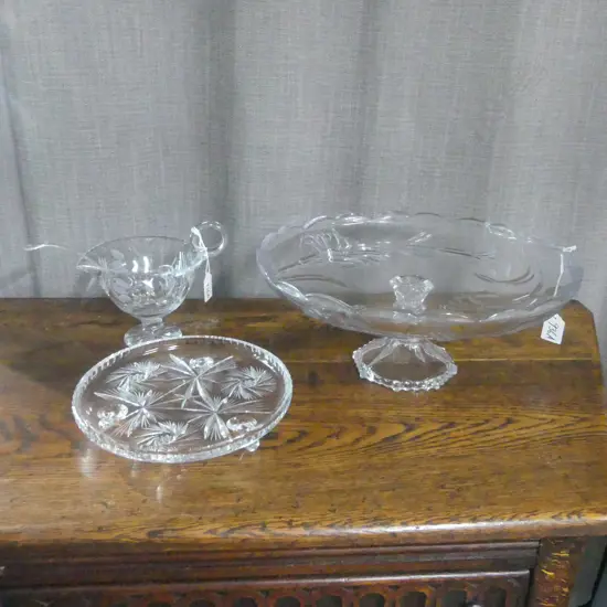 LARGE GLASS CAKE COMPORT DIA360MM CRYSTAL DISH JUG & SPOON 