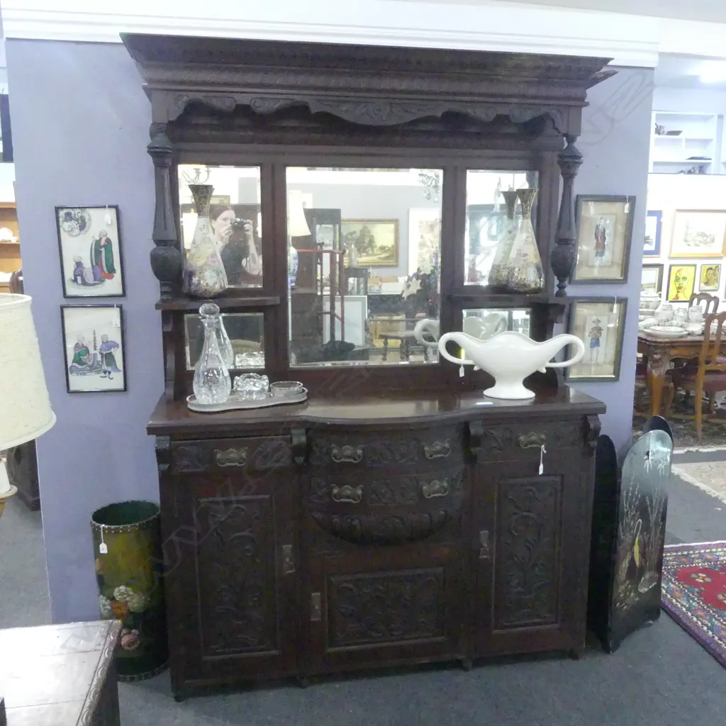 POT BELLIED MIRRORBACK SIDEBOARD (SIDE OF PEDIMENT NEEDS REPAIR) 1550x500x2200mm Image 1++