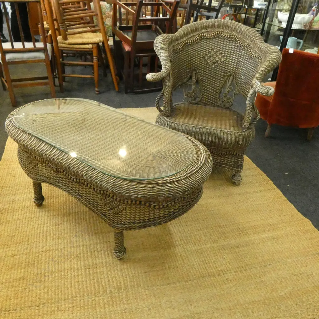 CANE CHAIR + GLASS TOP COFFEE TABLE APPROX.1080mm Image 1++