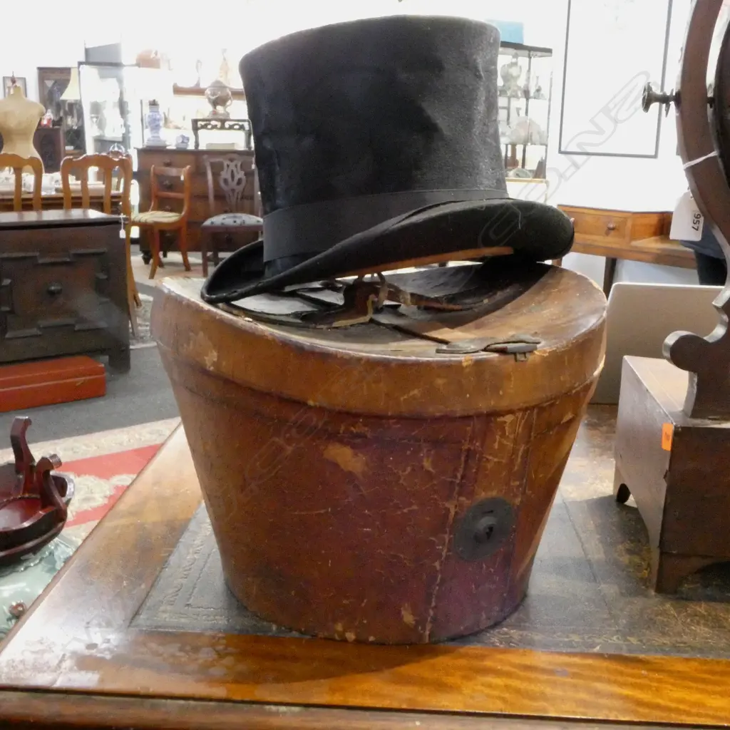 ANTIQUE TOP HAT (WORN) IN LEATHER HAT BOX; hat inscribed 'Jos P. Wright 23/4/03' Image 1++