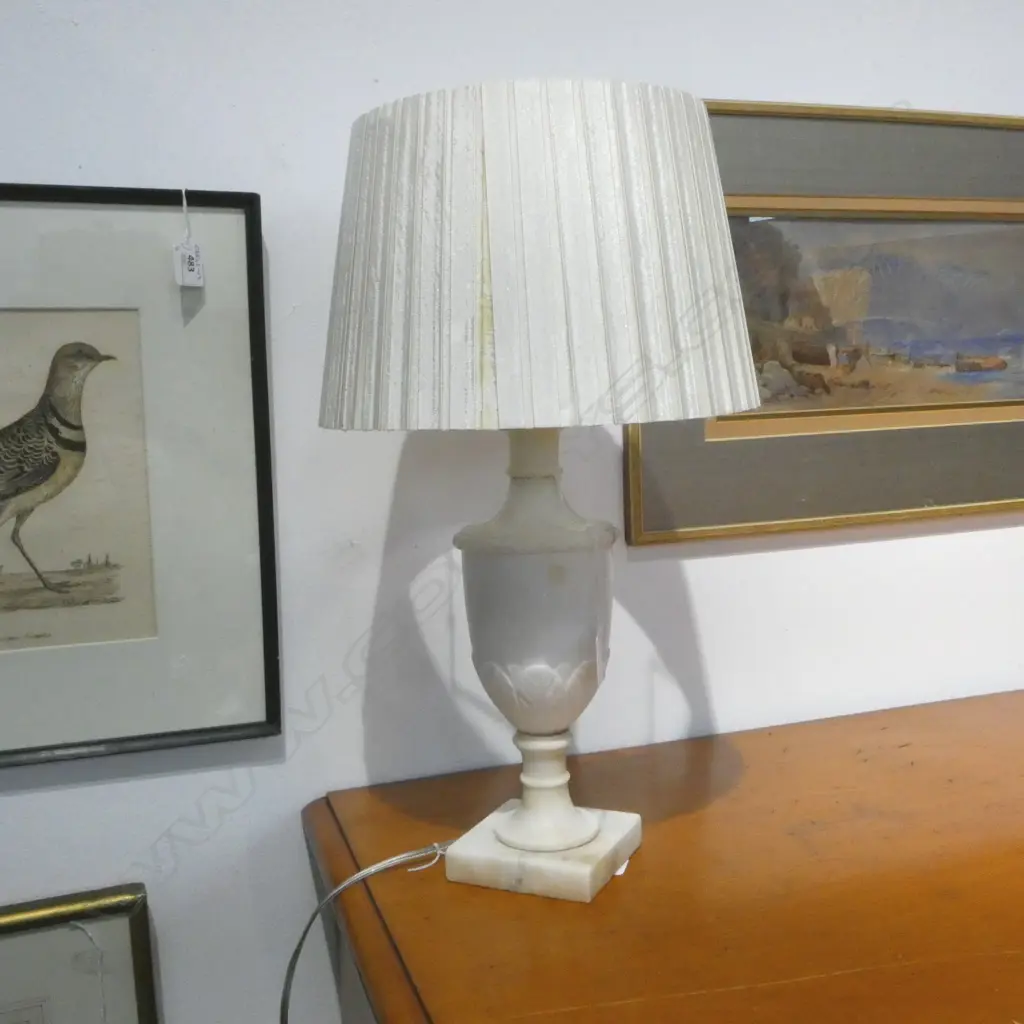 VINTAGE WHITE ALABASTER CLASSICAL TABLE LAMP with pleated silk shade H.480mm  Image 1++