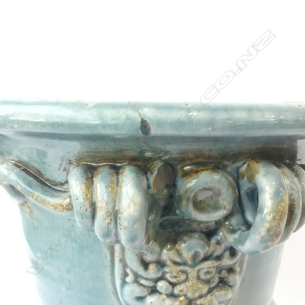 BLU/ GRAY GLAZED TERRA COTTA URN, ONE SEAL CRACK ON RIM, H.370mm Image 1++