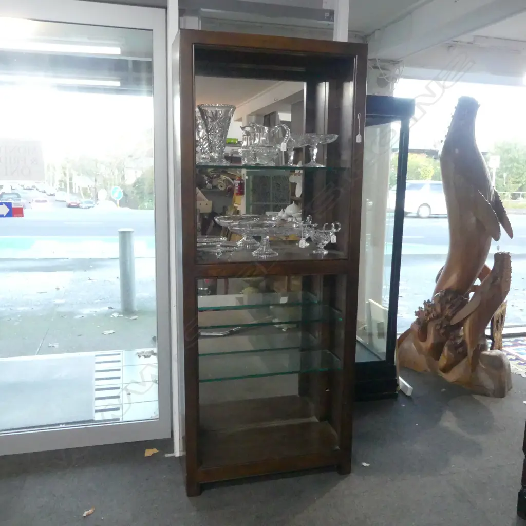 TALL OAK NARROW DISPLAY SHELF UNIT2040 x 815mm w 3 plate glass shelves Image 1++