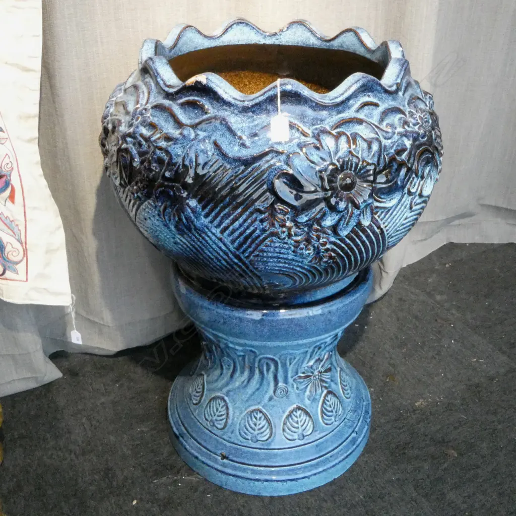 SPECKLED BLUE GLAZE LARGE JARDINIERE ON STAND H.860mm Image 1++