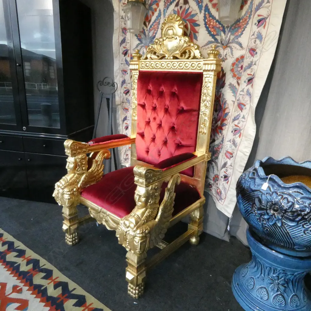 RED VELVET UPHOLSTERED & GILDED THRONE 900x780x1740mm Image 1++