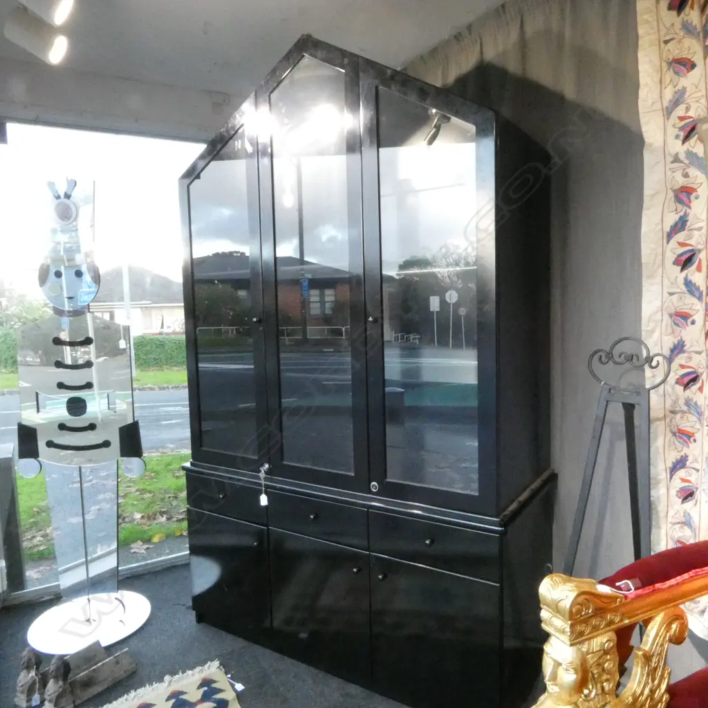 VINTAGE DANSKE MOBLER BLACK 2 PIECE DISPLAY CABINET the top w 3 glazed doors of peaked form H.2330mm Image 1++