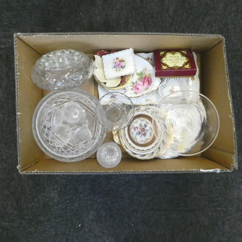 BOX OF CRYSTAL BOWLS GLASSES CHINA DISHES ETC Image 1++