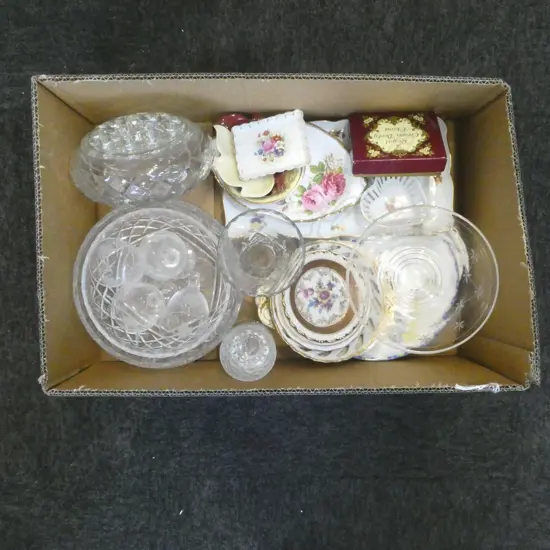 BOX OF CRYSTAL BOWLS GLASSES CHINA DISHES ETC