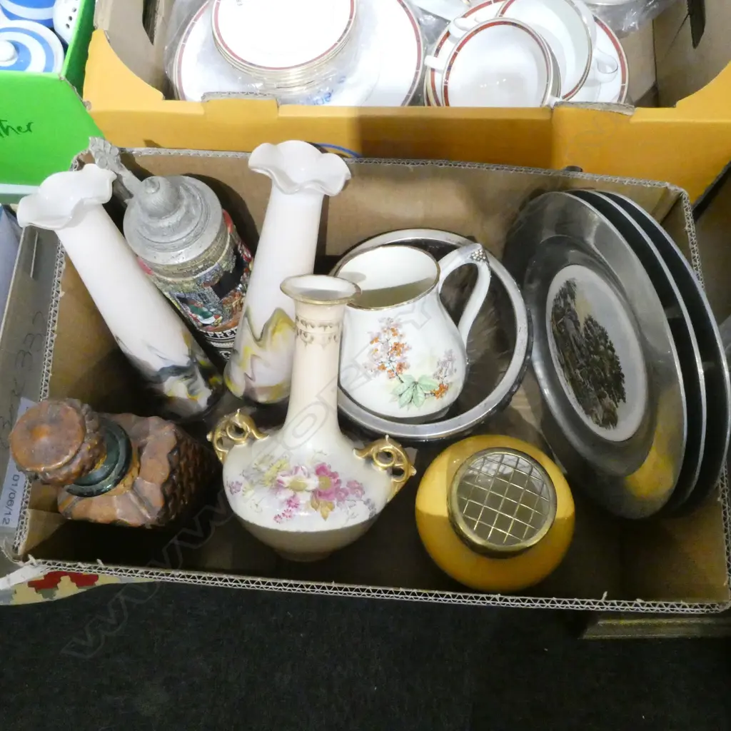 BOX OF VASES PLATE STEIN ETC Image 1++