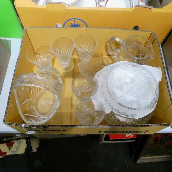 BOX LOT CRYSTAL BOWLS JUG BASKET & GLASSES