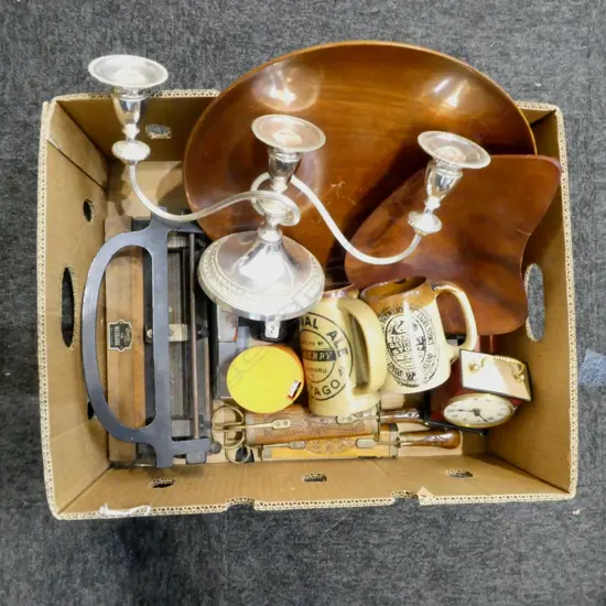 BOX OF WOOD BOWLS DESK CLOCK EP CANDLABRA & SMALL COLLECTABLES