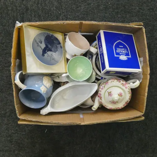 BOX OF CHINA C/S DISHES TEAPOT ETC