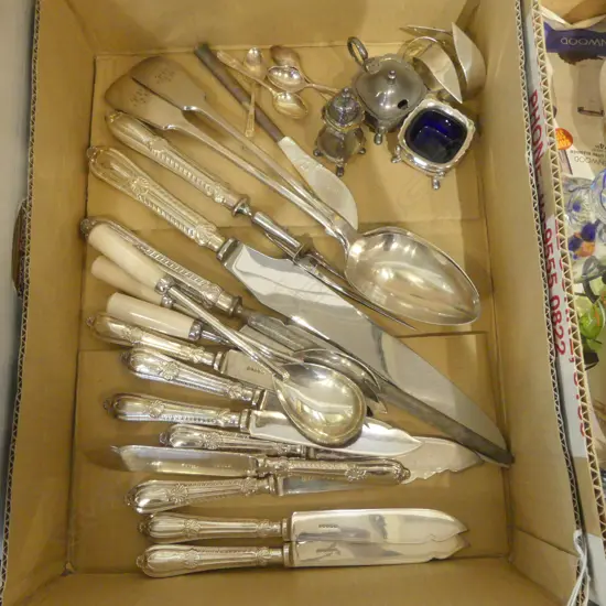 TRAY OF EP CUTLERY CARVING SET SERVING SPOONS ETC