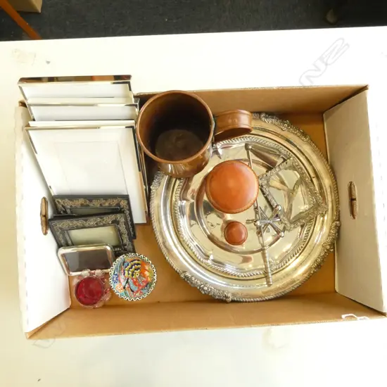 BOX OF EP TRAYS PHOTO FRAMES COPPER MUG ETC