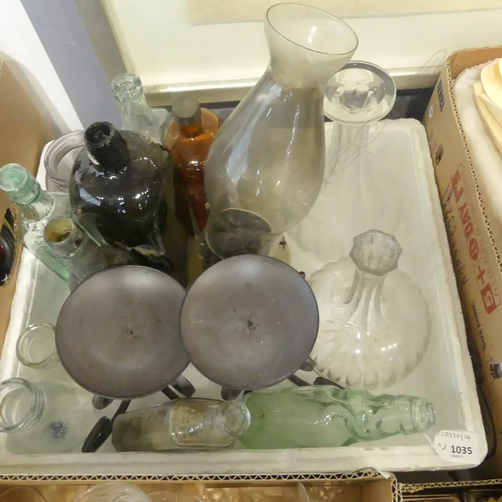 BOX OF VINTAGE BOTTLES DECANTERS KERO LAMP ETC Image 1++
