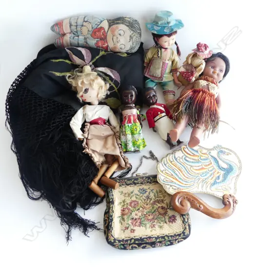 VINTAGE BLK SILK SHAWL, PURSE, FAN & DOLLS/PUPPET