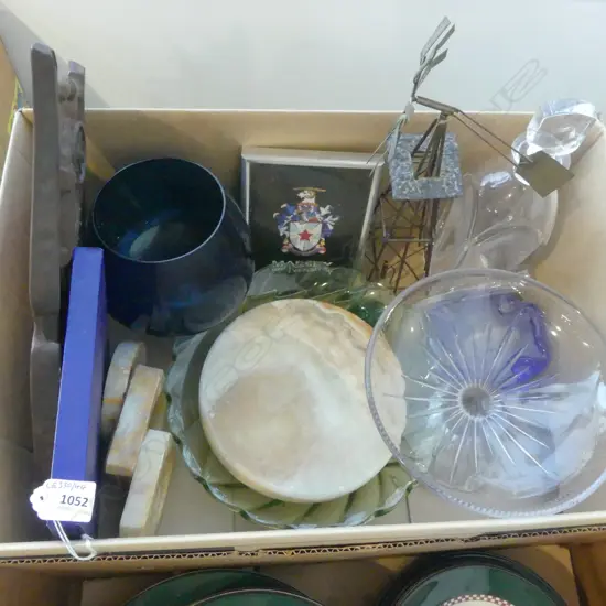BOX OF COLOURED GLASS  MARBLE PCS DISHES ETC